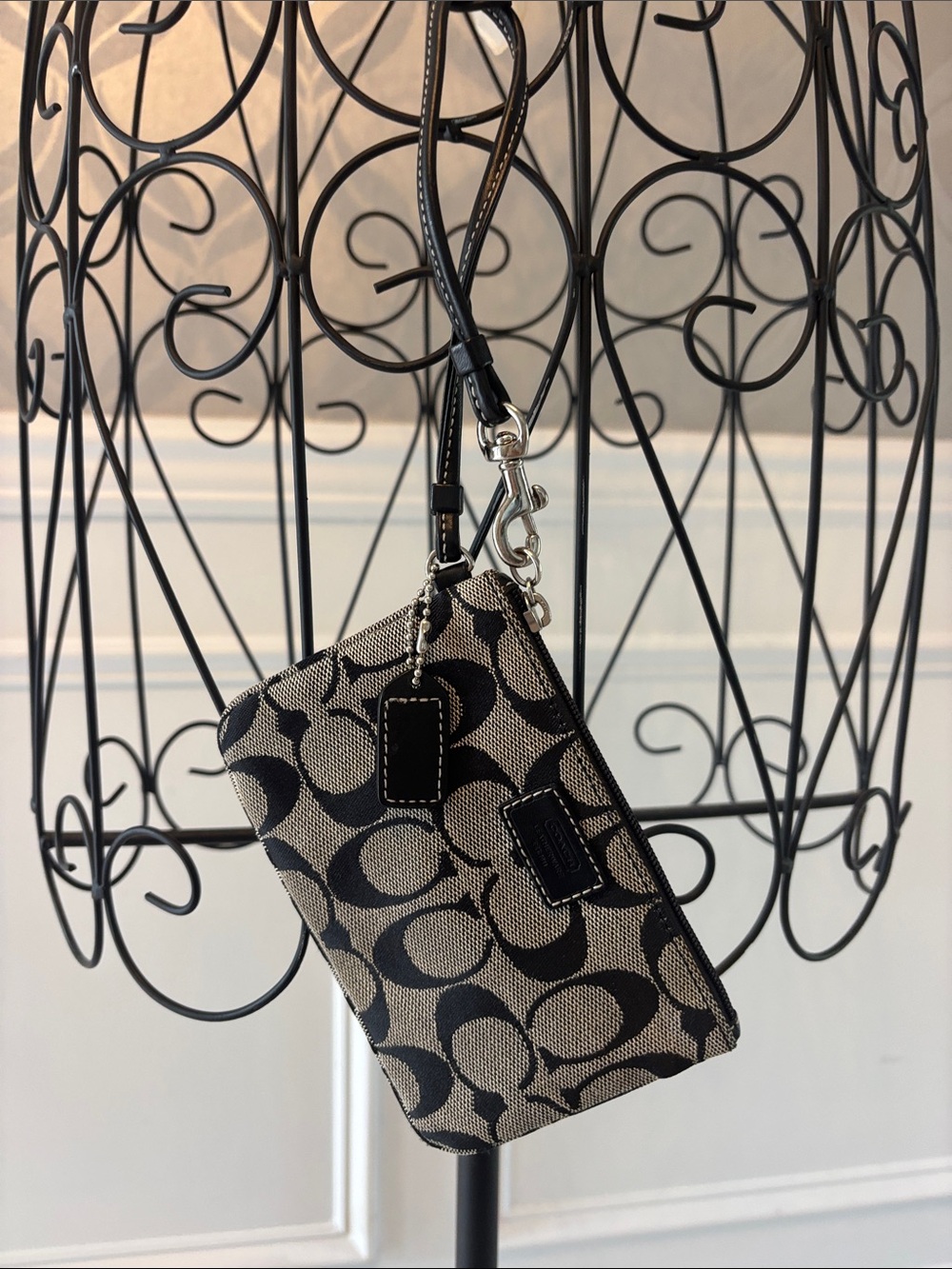Coach Signature Canvas Wristlet in Black and Tan